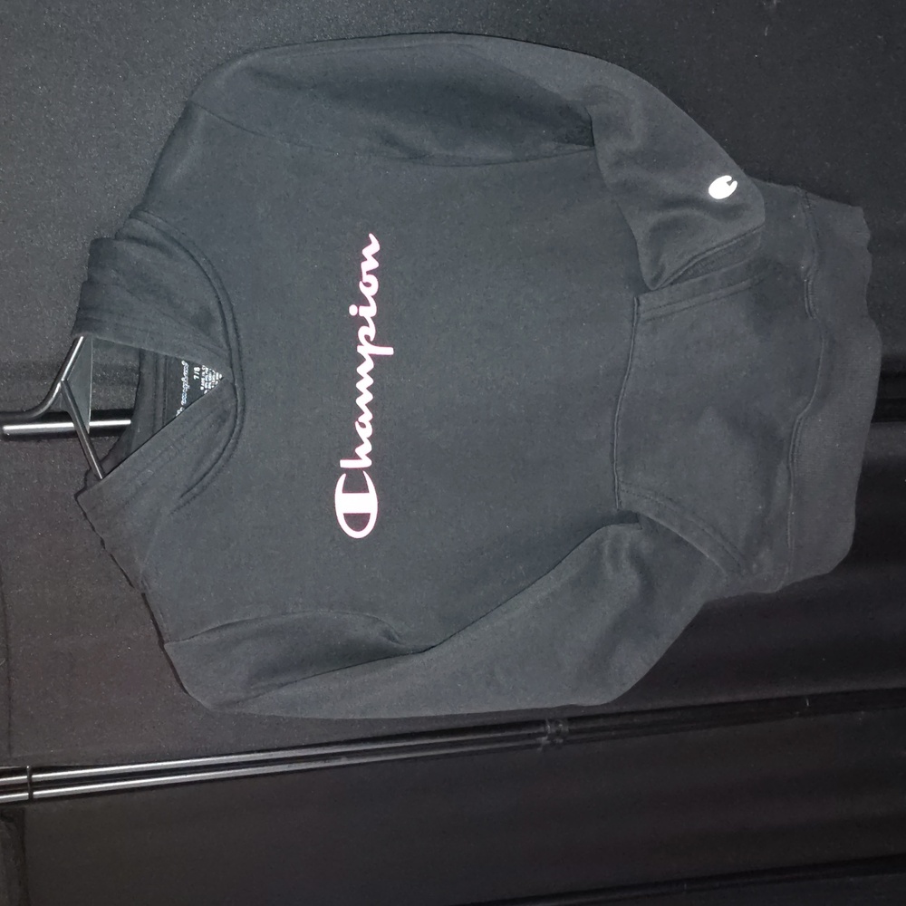 Girls Champion Logo black hoodie, sweatshirt with pink writing size 7/8 Lil Girl